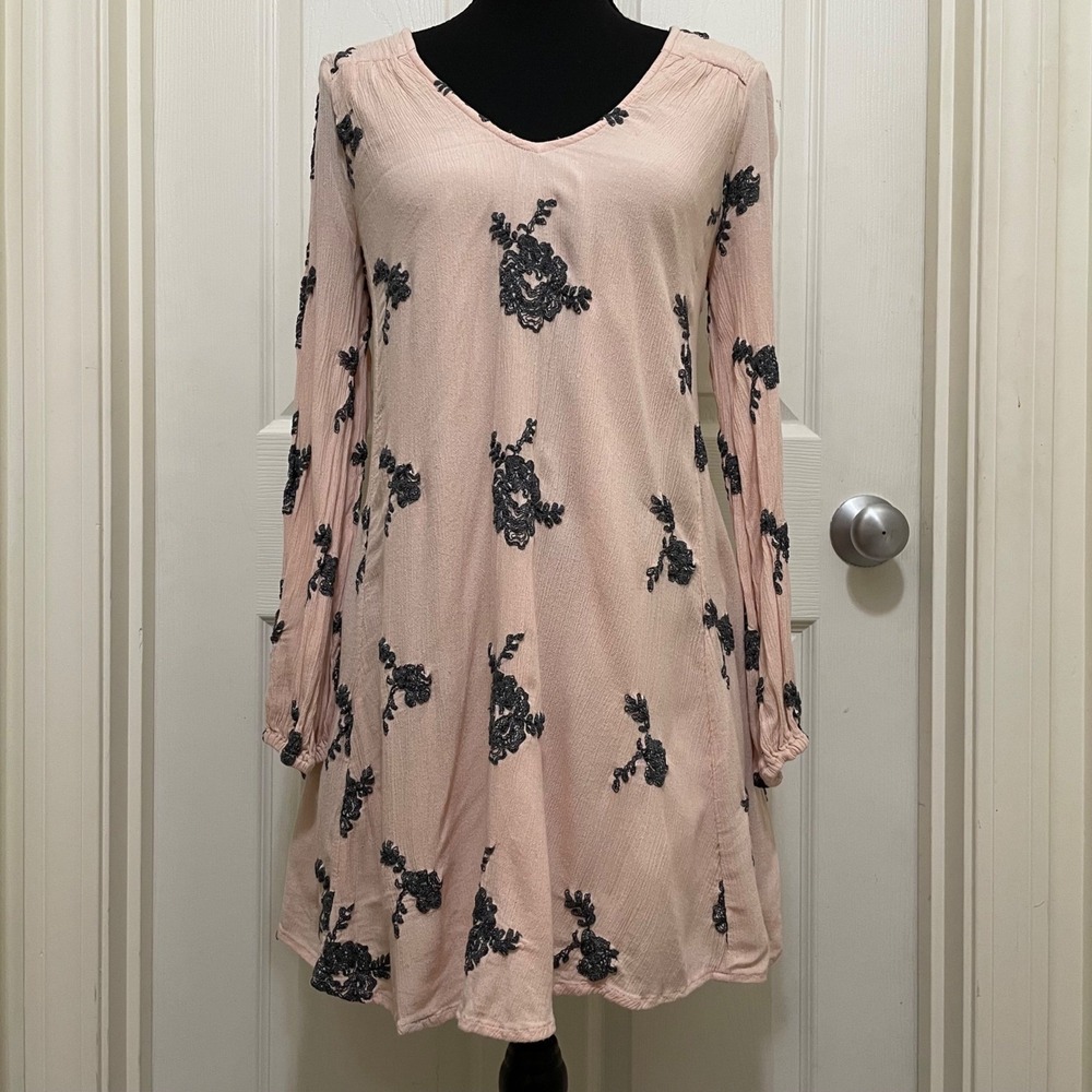Free People Emma Austin Floral Embroidered Tunic Mini Swing Dress Pink Boho S‎